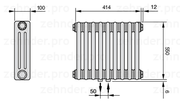 Схема (чертеж) Радиатор Zehnder Charleston 3055/9 №5410 Белый глянцевый RAL 9016